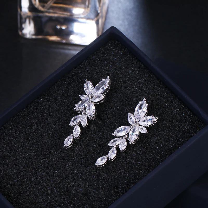 LXOEN Marquise Cut Flower Zirconia Crystal Long Drop Earrings for Women Shiny Leaf CZ Stone Bridal Wedding Jewelry - PST PS Tradings