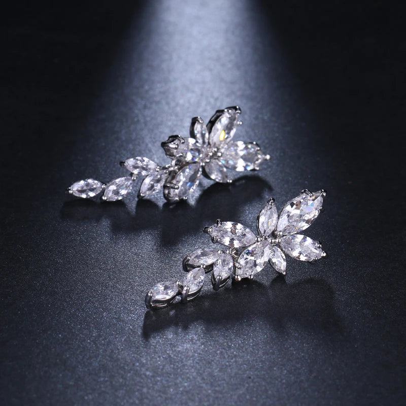 LXOEN Marquise Cut Flower Zirconia Crystal Long Drop Earrings for Women Shiny Leaf CZ Stone Bridal Wedding Jewelry - PST PS Tradings