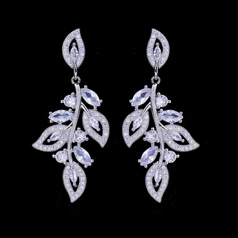 LXOEN Marquise Cut Flower Zirconia Crystal Long Drop Earrings for Women Shiny Leaf CZ Stone Bridal Wedding Jewelry - PST PS Tradings