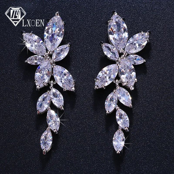 LXOEN Marquise Cut Flower Zirconia Crystal Long Drop Earrings for Women Shiny Leaf CZ Stone Bridal Wedding Jewelry - PST PS Tradings