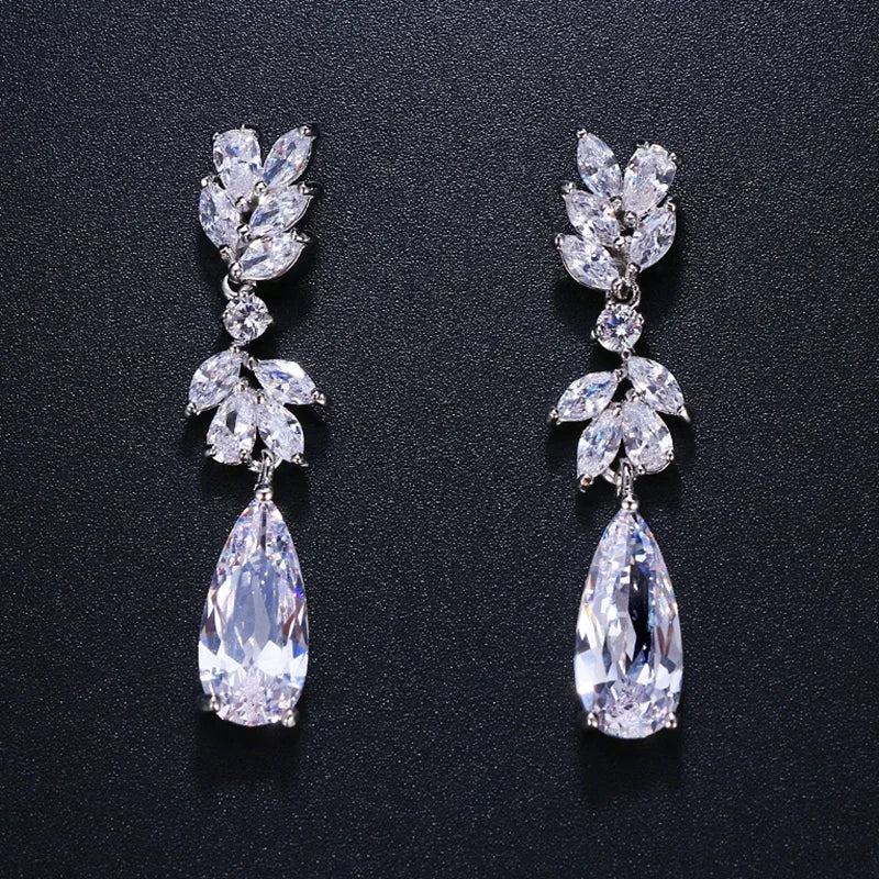 LXOEN Marquise Cut Flower Zirconia Crystal Long Drop Earrings for Women Shiny Leaf CZ Stone Bridal Wedding Jewelry - PST PS Tradings