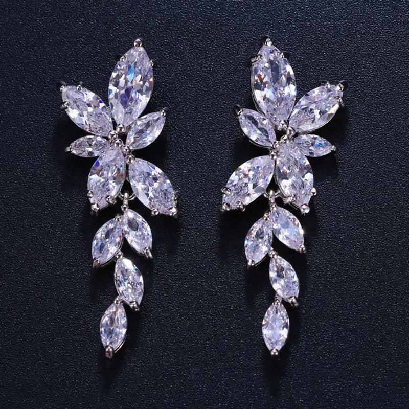 LXOEN Marquise Cut Flower Zirconia Crystal Long Drop Earrings for Women Shiny Leaf CZ Stone Bridal Wedding Jewelry - PST PS Tradings