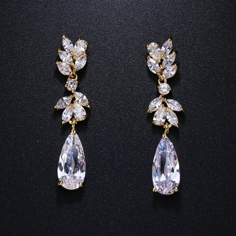 LXOEN Marquise Cut Flower Zirconia Crystal Long Drop Earrings for Women Shiny Leaf CZ Stone Bridal Wedding Jewelry - PST PS Tradings