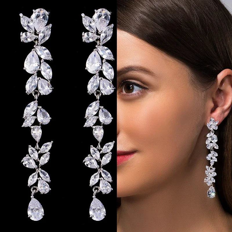 LXOEN Marquise Cut Flower Zirconia Crystal Long Drop Earrings for Women Shiny Leaf CZ Stone Bridal Wedding Jewelry - PST PS Tradings