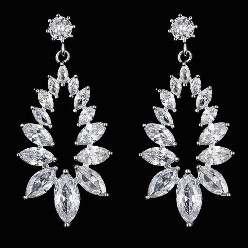 LXOEN Marquise Cut Flower Zirconia Crystal Long Drop Earrings for Women Shiny Leaf CZ Stone Bridal Wedding Jewelry - PST PS Tradings