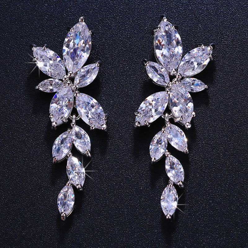 LXOEN Marquise Cut Flower Zirconia Crystal Long Drop Earrings for Women Shiny Leaf CZ Stone Bridal Wedding Jewelry - PST PS Tradings