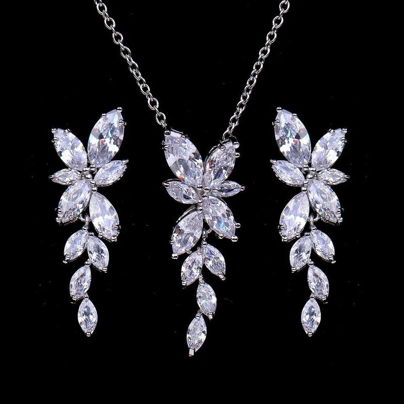 LXOEN Marquise Cut Flower Zirconia Crystal Long Drop Earrings for Women Shiny Leaf CZ Stone Bridal Wedding Jewelry - PST PS Tradings