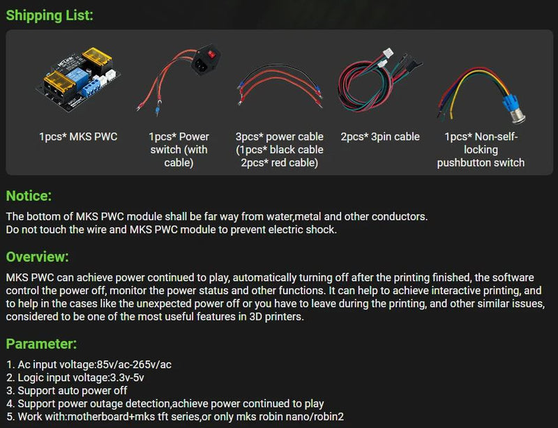 Makerbase MKS PWC Power Monitoring auto power off Continued to Play Module  automatically put off power detect 3D printer parts