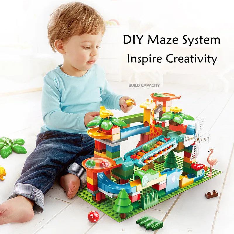 Marble Race Run Big Building Blocks Crazy Rolling Ball Compatible Slide Dinosaur Tunnel Animal Bricks Parts Accessory Kids Toys