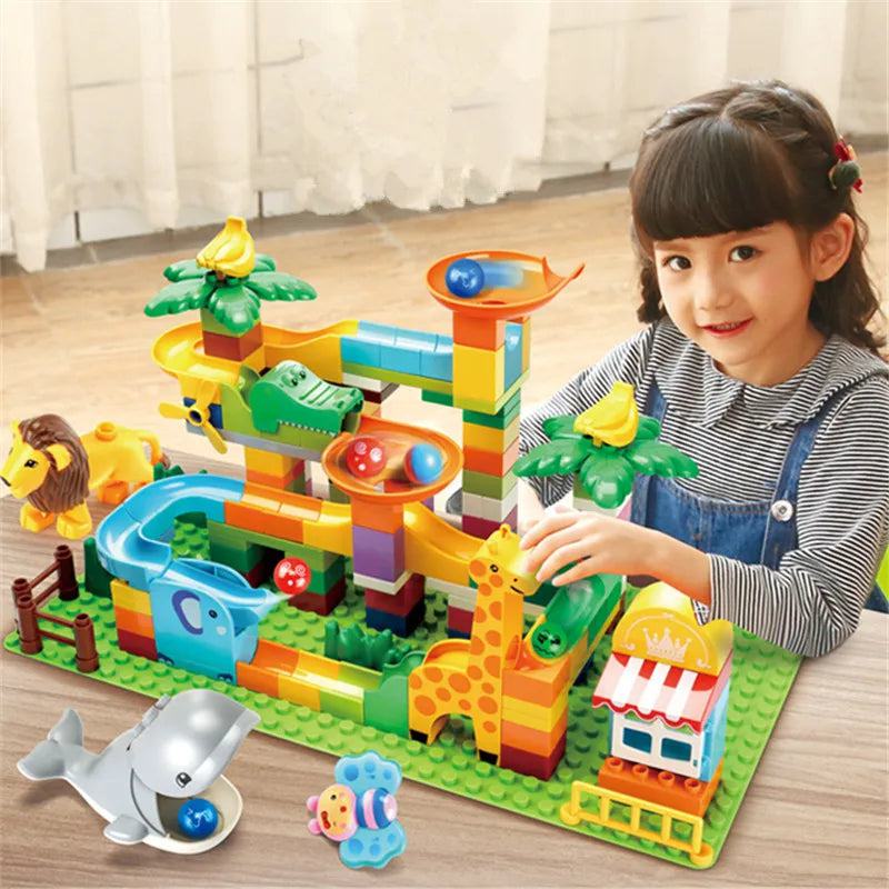 Marble Race Run Big Building Blocks Crazy Rolling Ball Compatible Slide Dinosaur Tunnel Animal Bricks Parts Accessory Kids Toys