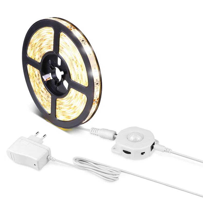 Motion Sensor LED Under Cabinet Light Bed Night Light 1M-5M LED Strip Tape Night Sensor Lamp With 110V-220V to 12V Power Adapter