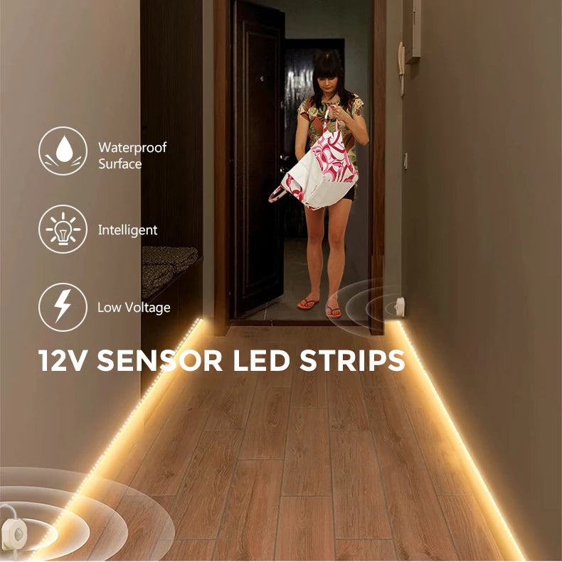 Motion Sensor LED Under Cabinet Light Bed Night Light 1M-5M LED Strip Tape Night Sensor Lamp With 110V-220V to 12V Power Adapter