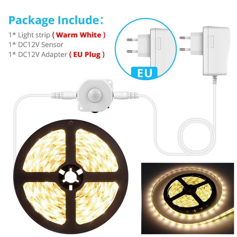 Motion Sensor LED Under Cabinet Light Bed Night Light 1M-5M LED Strip Tape Night Sensor Lamp With 110V-220V to 12V Power Adapter