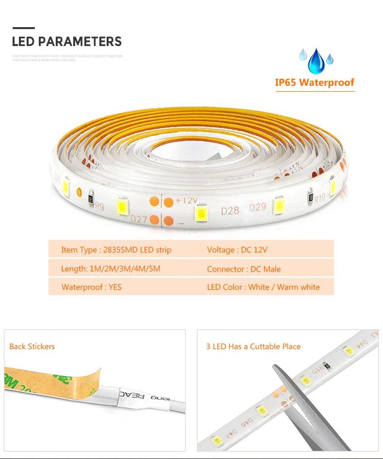 Motion Sensor LED Under Cabinet Light Bed Night Light 1M-5M LED Strip Tape Night Sensor Lamp With 110V-220V to 12V Power Adapter