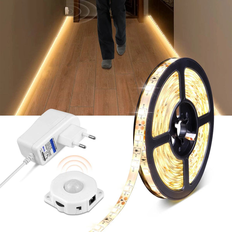 Motion Sensor LED Under Cabinet Light Bed Night Light 1M-5M LED Strip Tape Night Sensor Lamp With 110V-220V to 12V Power Adapter