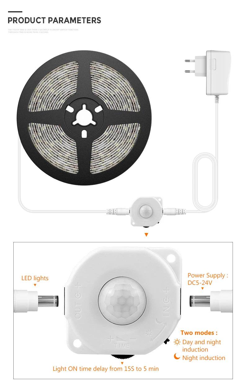 Motion Sensor LED Under Cabinet Light Bed Night Light 1M-5M LED Strip Tape Night Sensor Lamp With 110V-220V to 12V Power Adapter