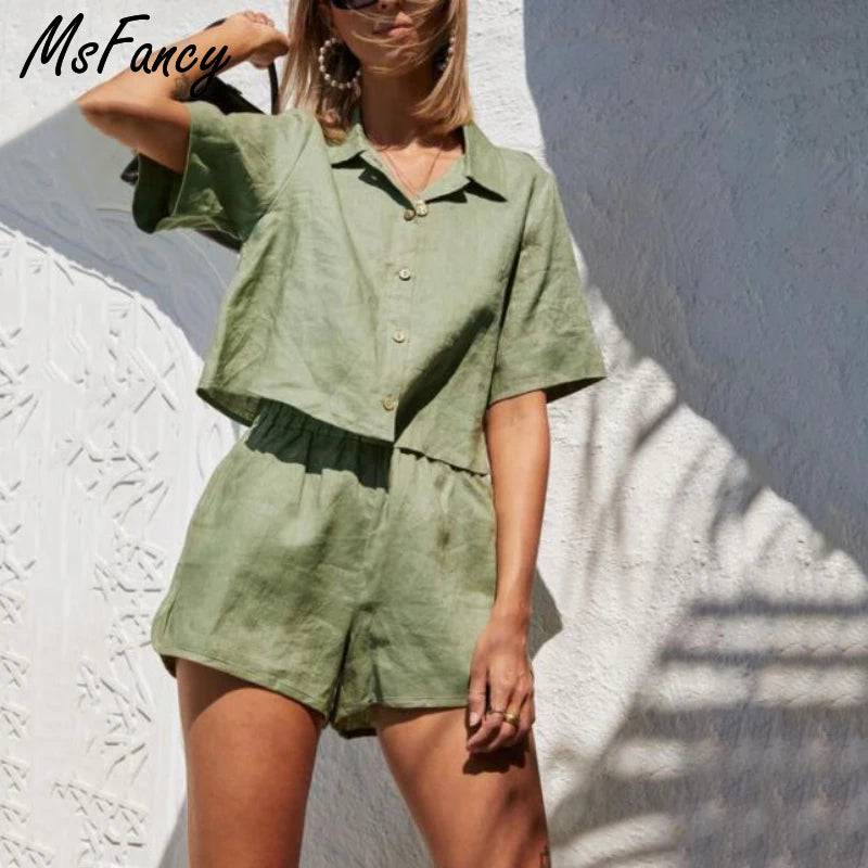 Msfancy Cotton Summer Sets Women 2021 Harajuru Green Short Sleeve Loose Shirt Elastc Waist Shorts Two Pics Pajamas - Property & Safety Tradings