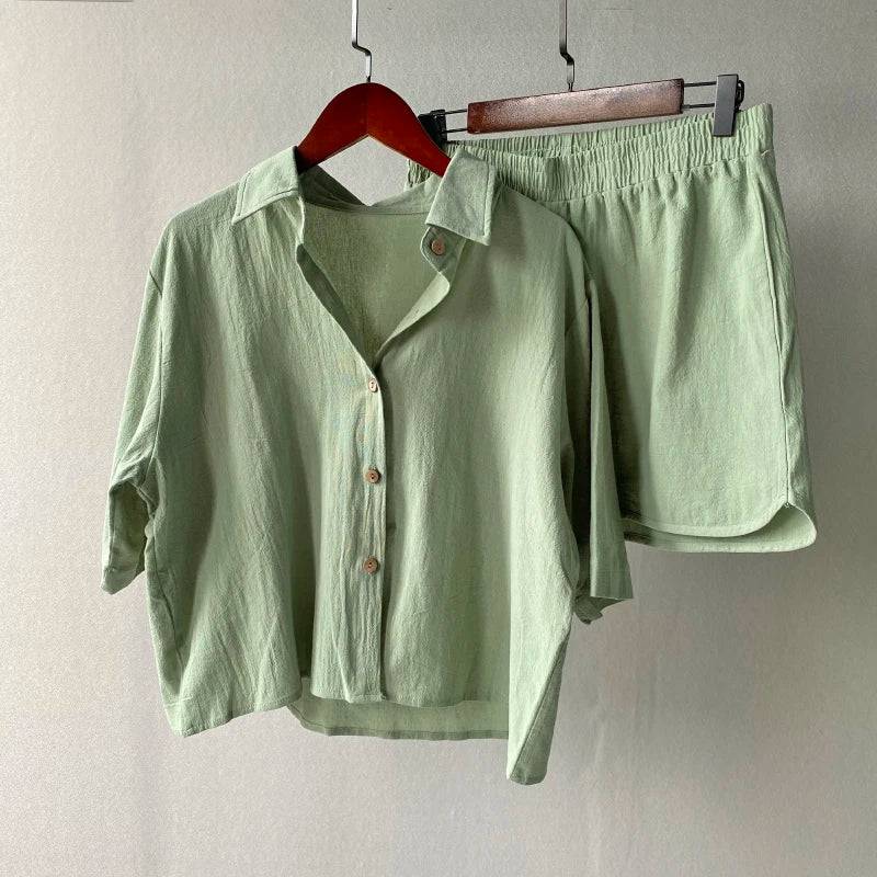 Msfancy Cotton Summer Sets Women 2021 Harajuru Green Short Sleeve Loose Shirt Elastc Waist Shorts Two Pics Pajamas - Property & Safety Tradings