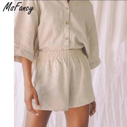 Msfancy Cotton Summer Sets Women 2021 Harajuru Green Short Sleeve Loose Shirt Elastc Waist Shorts Two Pics Pajamas - Property & Safety Tradings