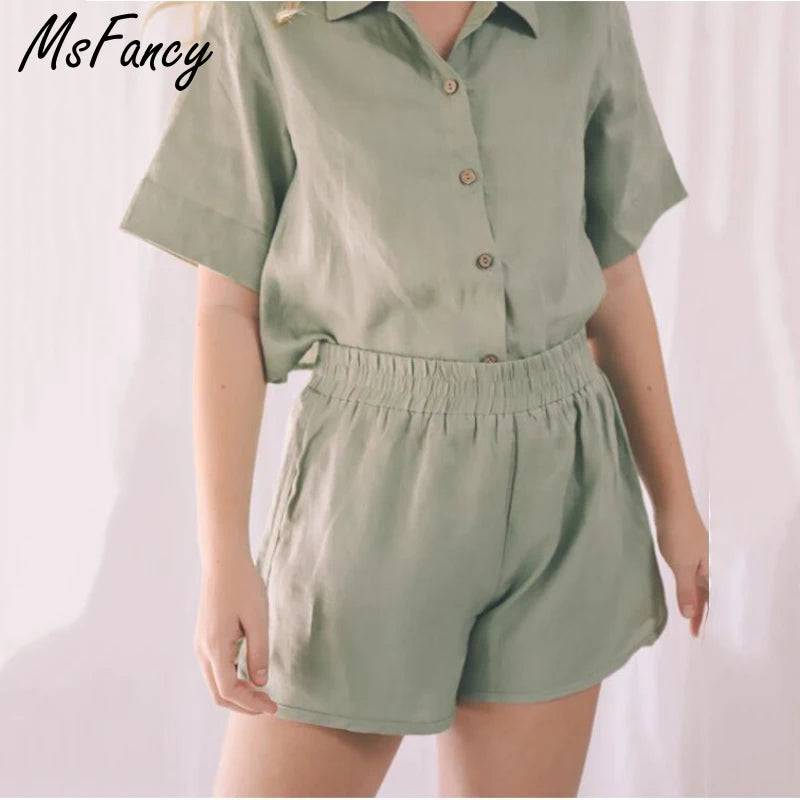 Msfancy Cotton Summer Sets Women 2021 Harajuru Green Short Sleeve Loose Shirt Elastc Waist Shorts Two Pics Pajamas - Property & Safety Tradings