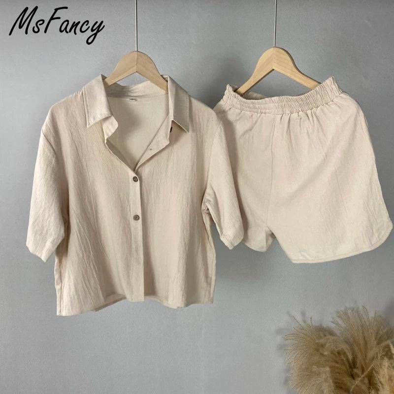 Msfancy Cotton Summer Sets Women 2021 Harajuru Green Short Sleeve Loose Shirt Elastc Waist Shorts Two Pics Pajamas - Property & Safety Tradings