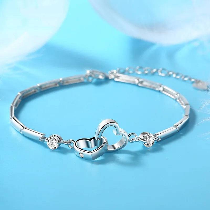 New Charms 925 Sterling Silver Bracelets Bangles for Women Valentine's Days Gift Cubic Zircon Double Heart Bracelet Jewelry - Property & Safety Tradings