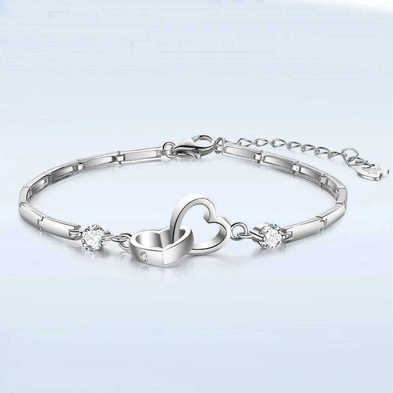 New Charms 925 Sterling Silver Bracelets Bangles for Women Valentine's Days Gift Cubic Zircon Double Heart Bracelet Jewelry - Property & Safety Tradings