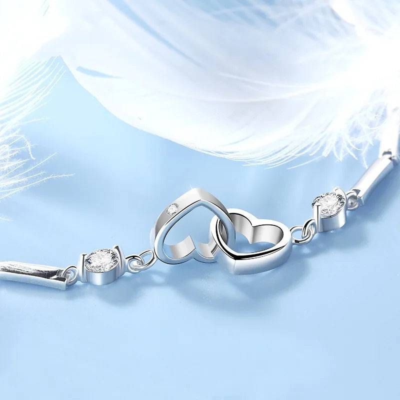 New Charms 925 Sterling Silver Bracelets Bangles for Women Valentine's Days Gift Cubic Zircon Double Heart Bracelet Jewelry - Property & Safety Tradings