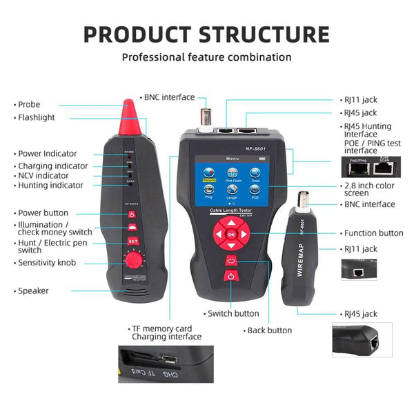 Original Noyafa NF-8601W Multifunction Network Cable Tester RJ45 RJ11 BNC POE PING Crosstalk Test Network Wire Cable Tracker - Property & Safety Tradings