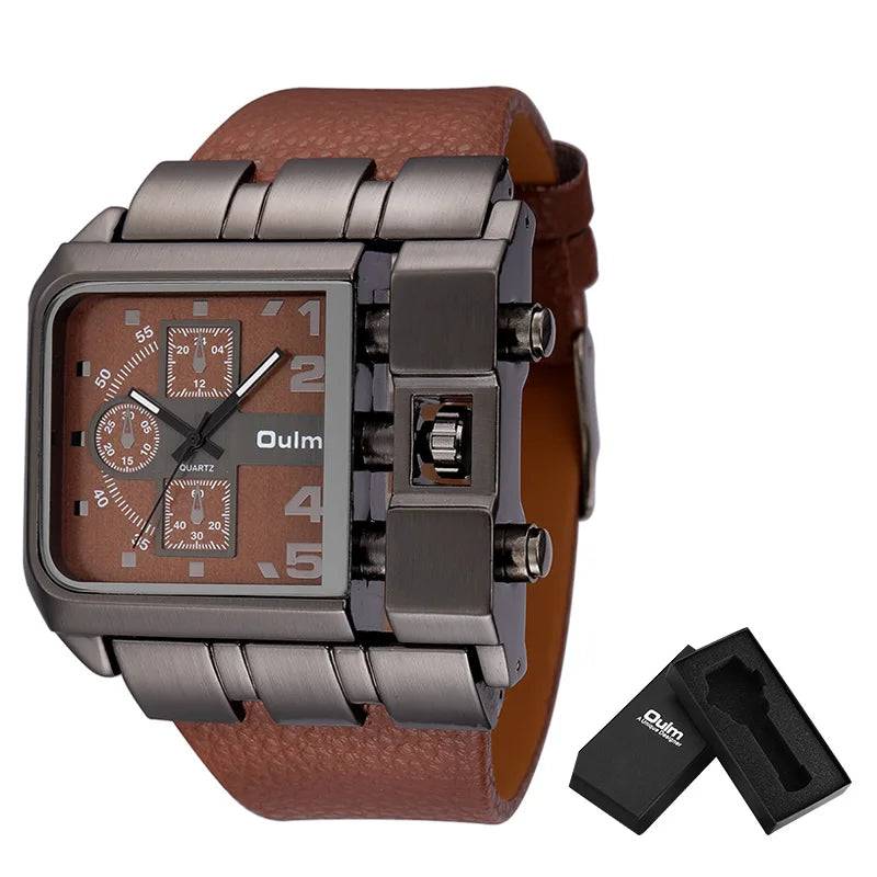 Oulm Brand 3364 Unique Design Square Men Wristwatch Wide Big Dial Casual Leather Strap Quartz Watch Male Sport Watches - Property & Safety Tradings