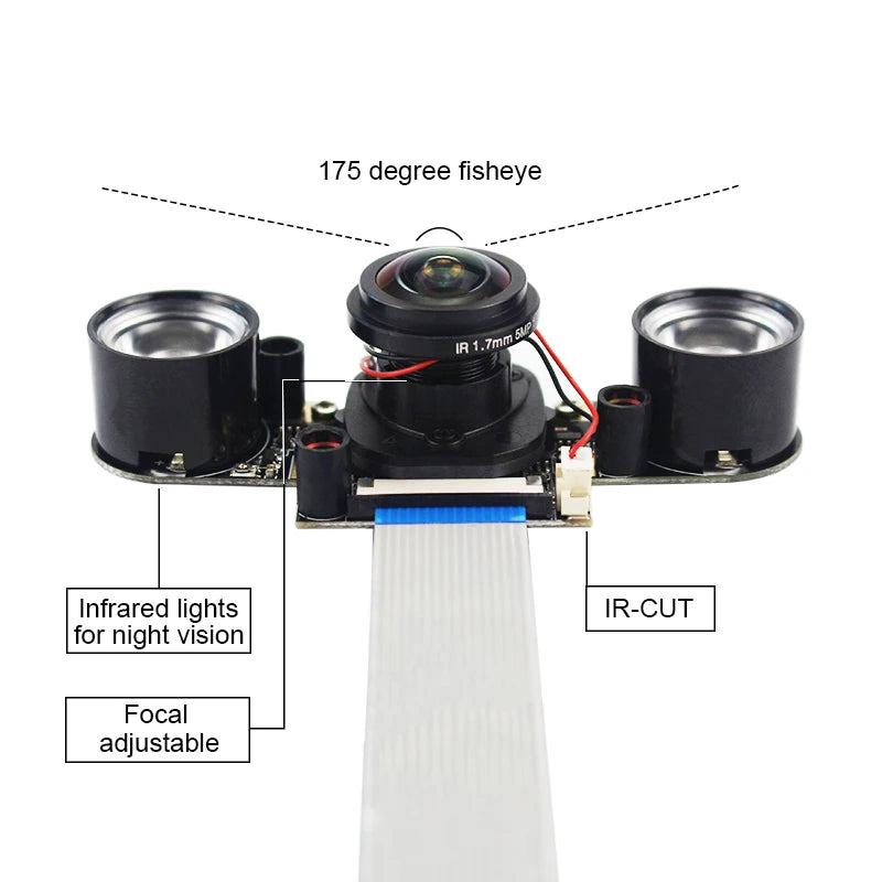 Raspberry Pi 175° IR-CUT Camera Night Vision Focal Adjustable 5MP Fish Eye Auto Switch Day Night for Raspberry Pi 5 4B 3B+ Zero