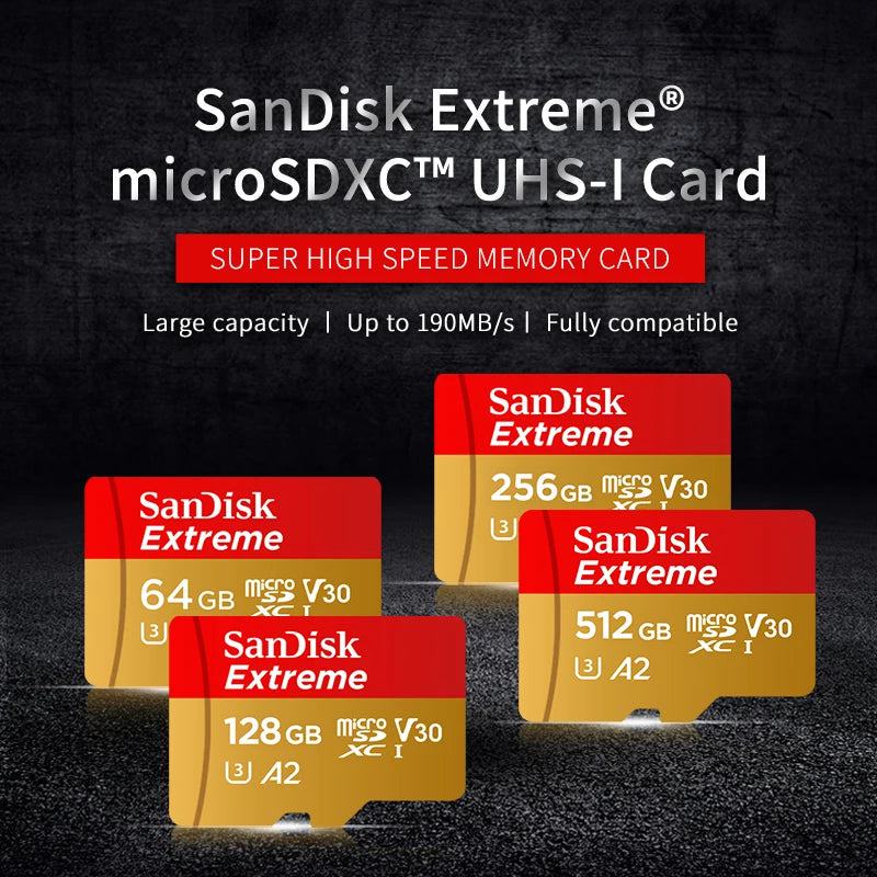 Sandisk Micro SD Card Original Extreme A2 V30 U3 SDXC Flash 32GB 64GB 128GB 256GB MicroSD Card 190MB/s TF Card for Phone Tablet - PST PS Tradings