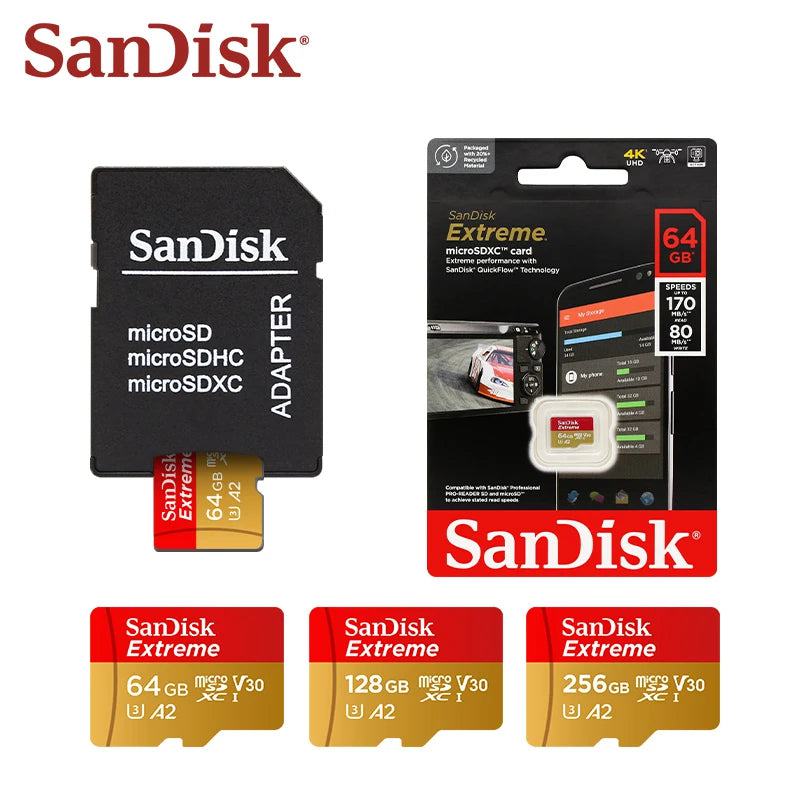 Sandisk Micro SD Card Original Extreme A2 V30 U3 SDXC Flash 32GB 64GB 128GB 256GB MicroSD Card 190MB/s TF Card for Phone Tablet - PST PS Tradings