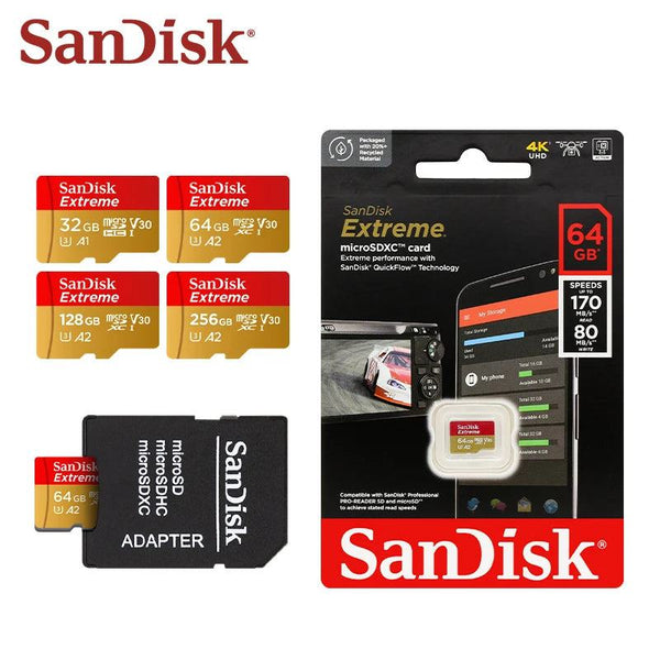 Sandisk Micro SD Card Original Extreme A2 V30 U3 SDXC Flash 32GB 64GB 128GB 256GB MicroSD Card 190MB/s TF Card for Phone Tablet - PST PS Tradings