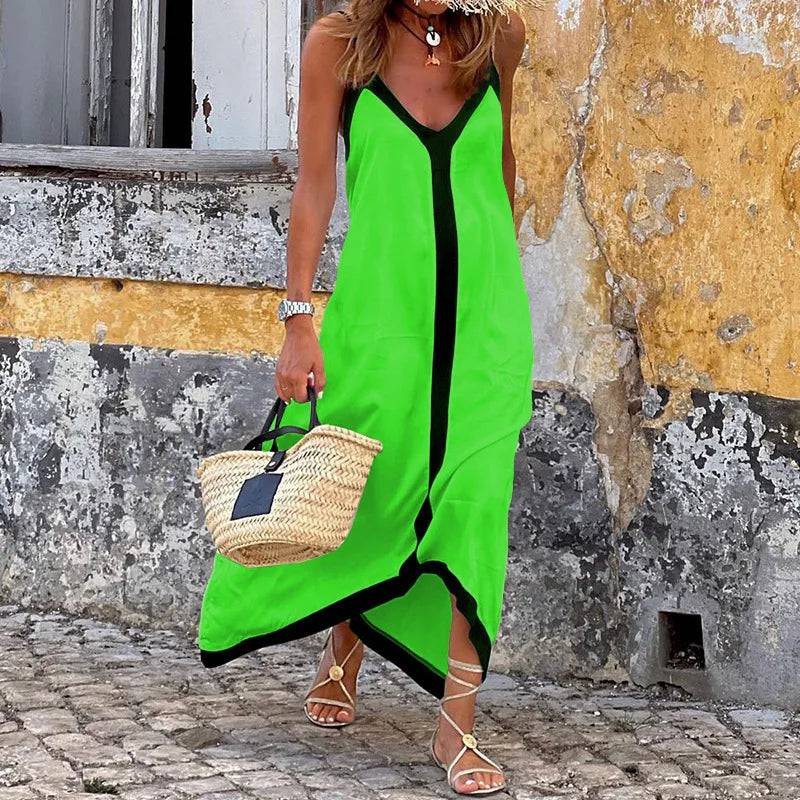 Sexy V Neck Patchwork Suspender Dress Women 2023 Spring Off Shoulder Long Party Dress Summer Sleeveless Holiday Beach Maxi Dress - Property & Safety Tradings