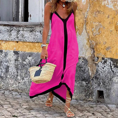 Sexy V Neck Patchwork Suspender Dress Women 2023 Spring Off Shoulder Long Party Dress Summer Sleeveless Holiday Beach Maxi Dress - Property & Safety Tradings