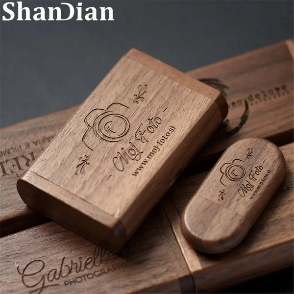 SHANDIAN Free LOGO Wooden + Box USB 2.0 Pen drive 4GB 16GB 32GB 64GB Flash Drive Memory stick wedding Photography Gift U Disk