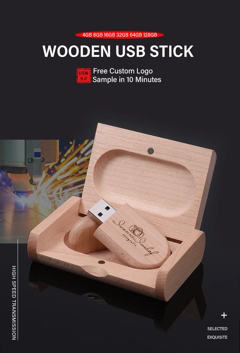 SHANDIAN Free LOGO Wooden + Box USB 2.0 Pen drive 4GB 16GB 32GB 64GB Flash Drive Memory stick wedding Photography Gift U Disk