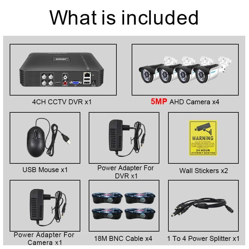 Smar 5 in 1 AHD Camera Kit 5MP 1080P  Video Recorder Surveillance System Outdoor Security 4CH CCTV System Camera Email Alarm - Property & Safety Tradings