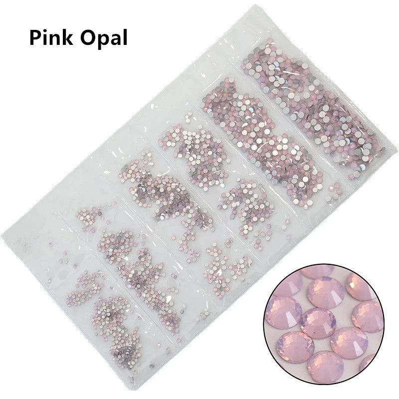 SS3-SS10 1200pcs Mix Sizes Pink/Green/Blue/White Opal Glass Nail Rhinestone Glitter Strass Nail Art Rhinestone Decorations