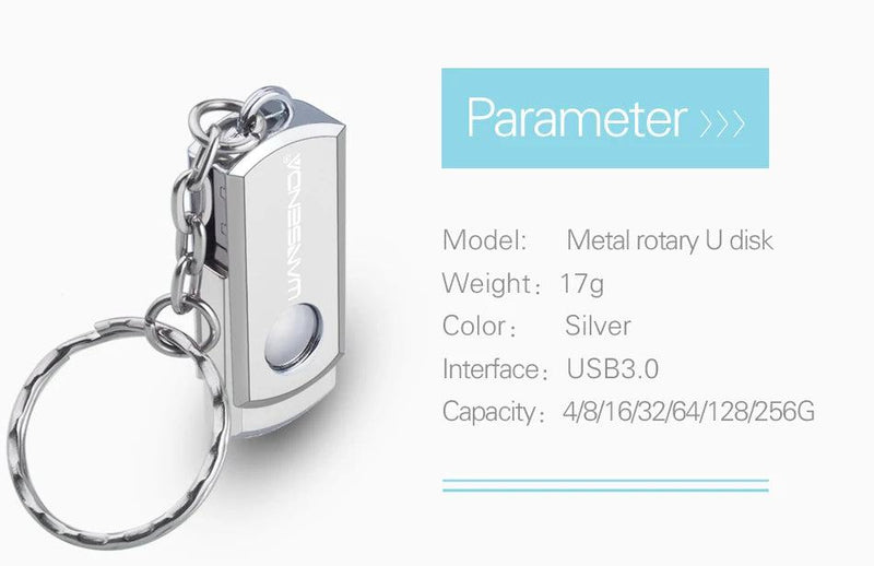 Stainless Steel USB 3.0 USB Flash Drive 256GB 128GB Rotation Pen Drive 16GB 32GB 64GB Pendrive USB Memory Stick with Keychain