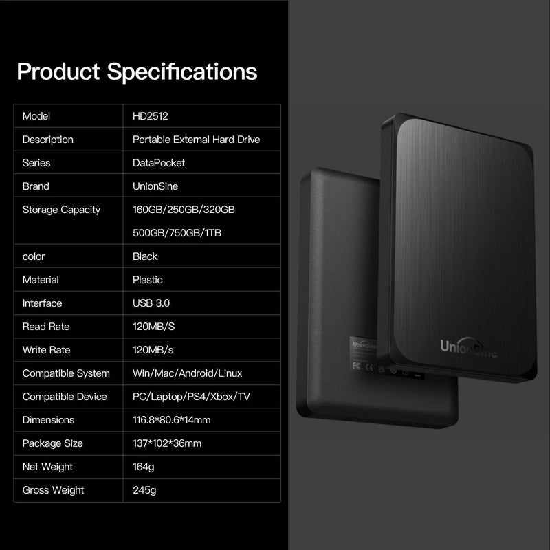 UnionSine HDD 2.5" 2/6 PCS Portable External Hard Drive 500gb/750GB/1TB USB3.0 Storage Compatible for PC, Mac, Desktop,Laptop,TV - PST PS Tradings