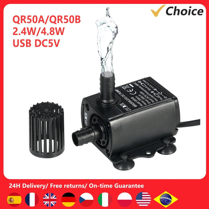 USB DC5V 4.8W Ultra-quiet Mini Brushless Water Pump Waterproof Submersible Fountain Aquarium Circulating 300L/H Lift 300cm - PST PS Tradings