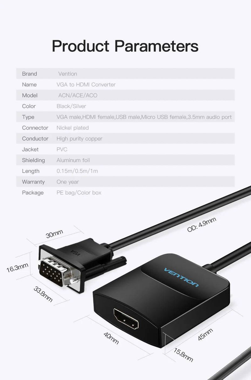 Vention Active VGA to HDMI Adapter with 3.5mm AUX Audio Jack HDMI Female to VGA Male Converter for TV Stick PC Projector Laptop - Property & Safety Tradings