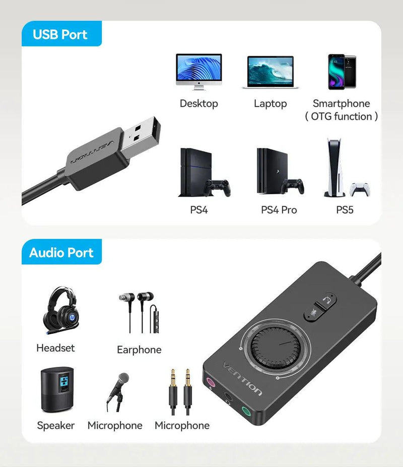 Vention USB External Sound Card USB to 3.5mm Audio Adapter USB to Earphone Microphone for Macbook Computer Laptop PS4 Sound Card