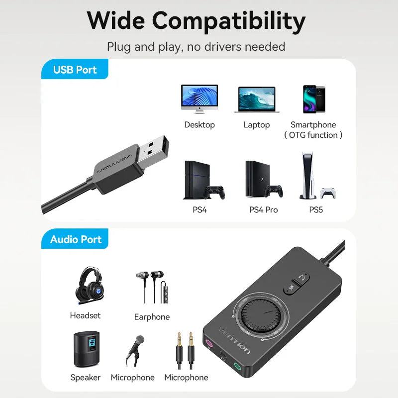 Vention USB External Sound Card USB to 3.5mm Audio Adapter USB to Earphone Microphone for Macbook Computer Laptop PS4 Sound Card