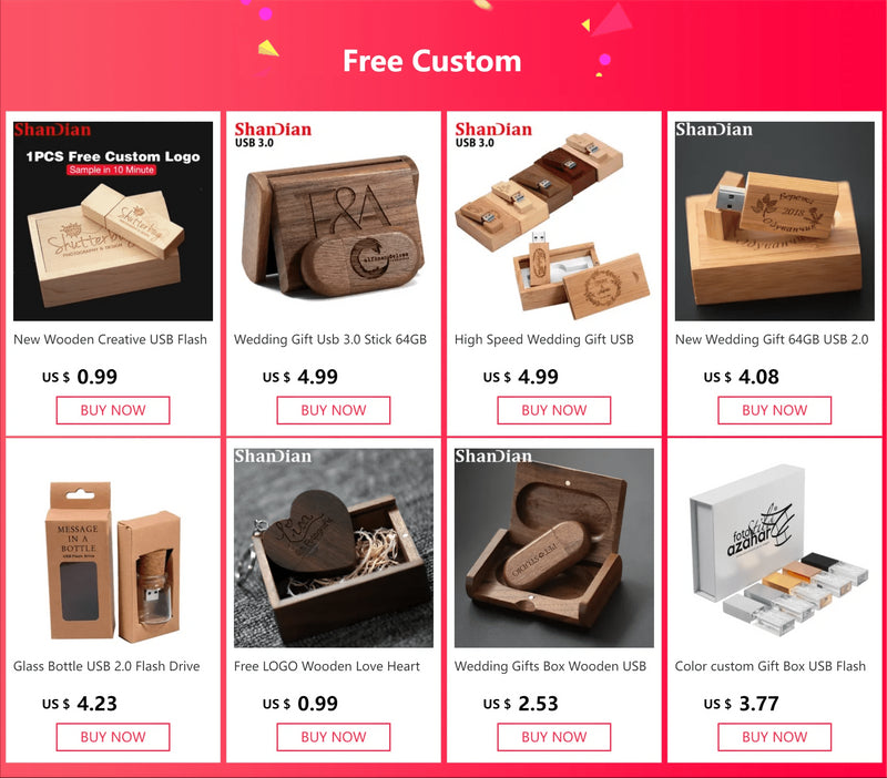 Wedding Gift Usb 3.0 Stick 64GB Custom logo Wooden Box Flash Drives 32GB Pendrive Free sample U Disk 16GB 8GB 4GB Memory Stick