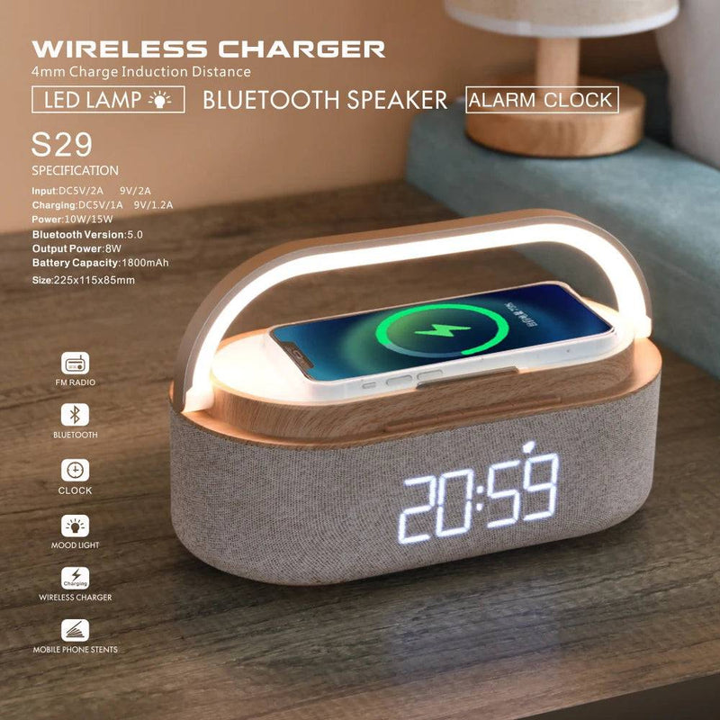 Wireless Fast Charge Digital Alarm Clock Bluetooth Speaker Snooze LED Display Bedroom Light Wireless Speaker Charging Stationr - Property & Safety Tradings