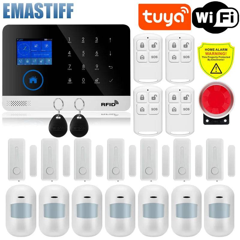 Wireless Tuya APP SIM GSM Home RFID Burglar Security LCD Touch Keyboard WIFI GSM Alarm System Sensor kit Russian,Spanish Voice - Property & Safety Tradings