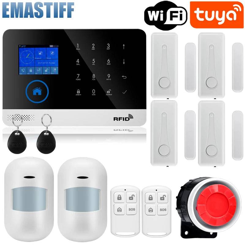 Wireless Tuya APP SIM GSM Home RFID Burglar Security LCD Touch Keyboard WIFI GSM Alarm System Sensor kit Russian,Spanish Voice - Property & Safety Tradings